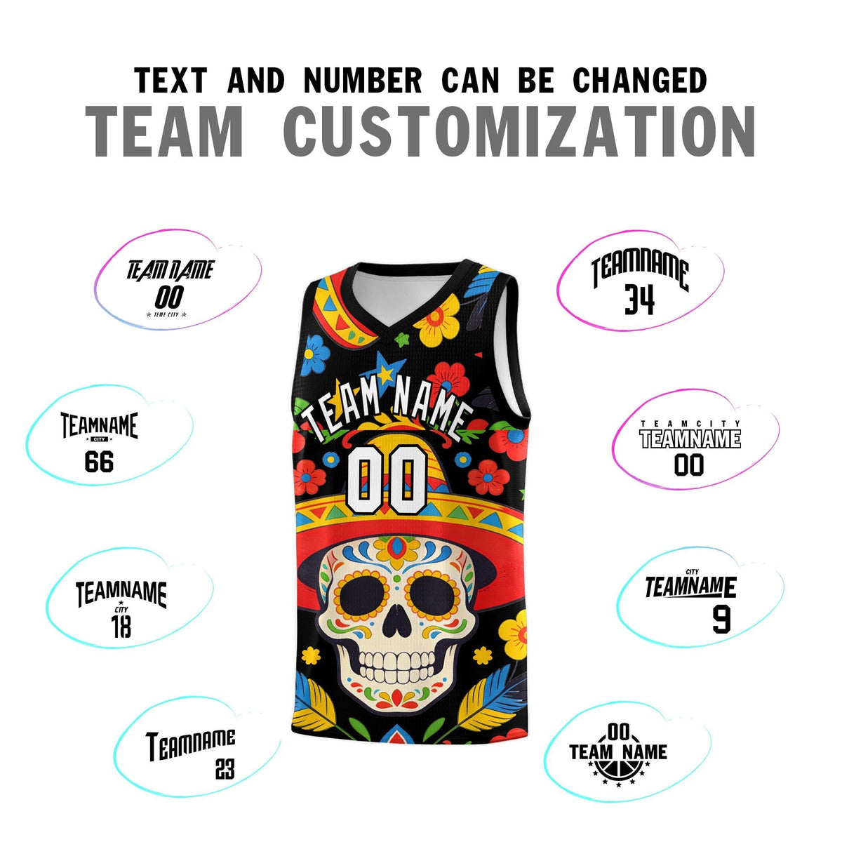 Custom Black Skeleton Mexican Colors Graffiti Patterns Breathable Uniform Basketball Jersey