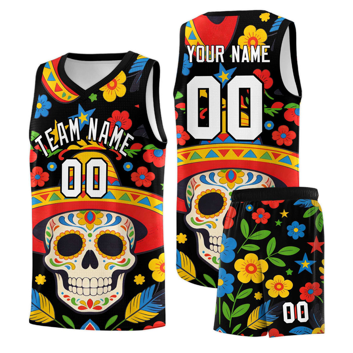 Custom Black Skeleton Mexican Colors Graffiti Patterns Breathable Uniform Basketball Jersey
