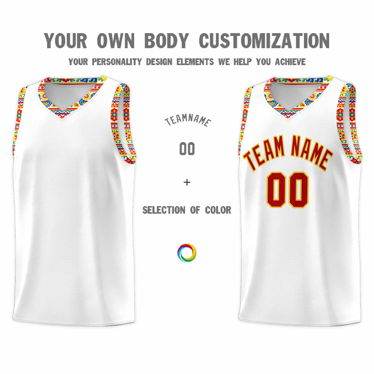 Custom White Colorfulflower pattern Mexican Colors Graffiti Patterns Wrinkle-Resistant Uniform Basketball Jersey