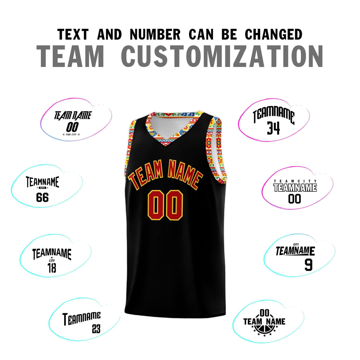 Custom Black Colorfulflower pattern Mexican Colors Graffiti Patterns Sublimation Printing Uniform Basketball Jersey