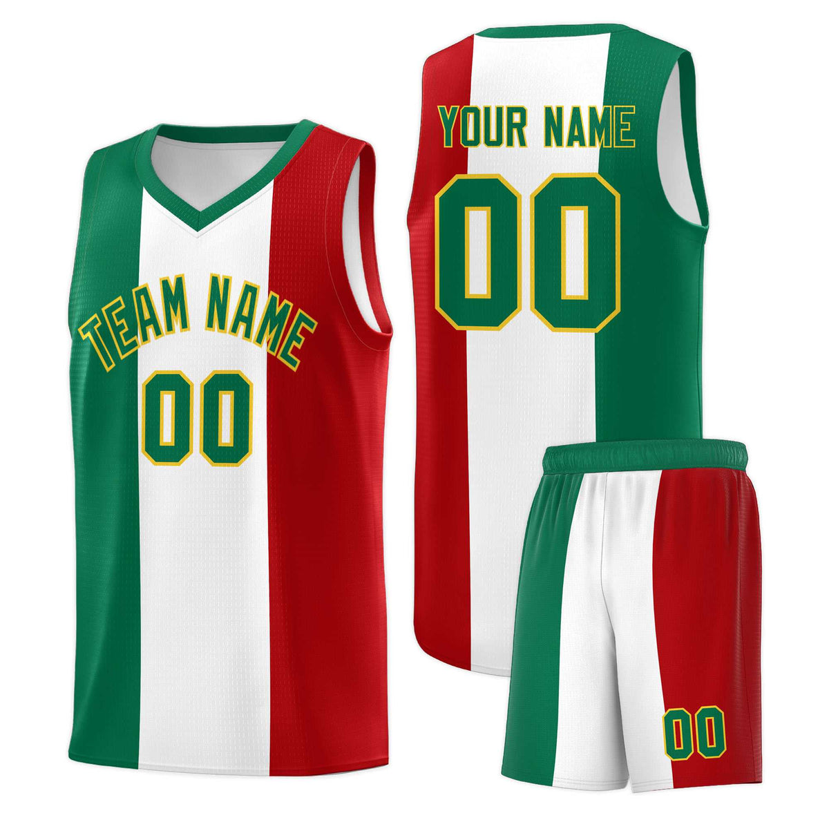 Custom White Kelly Green Red Mexican Colors Graffiti Patterns Breathable Uniform Basketball Jersey