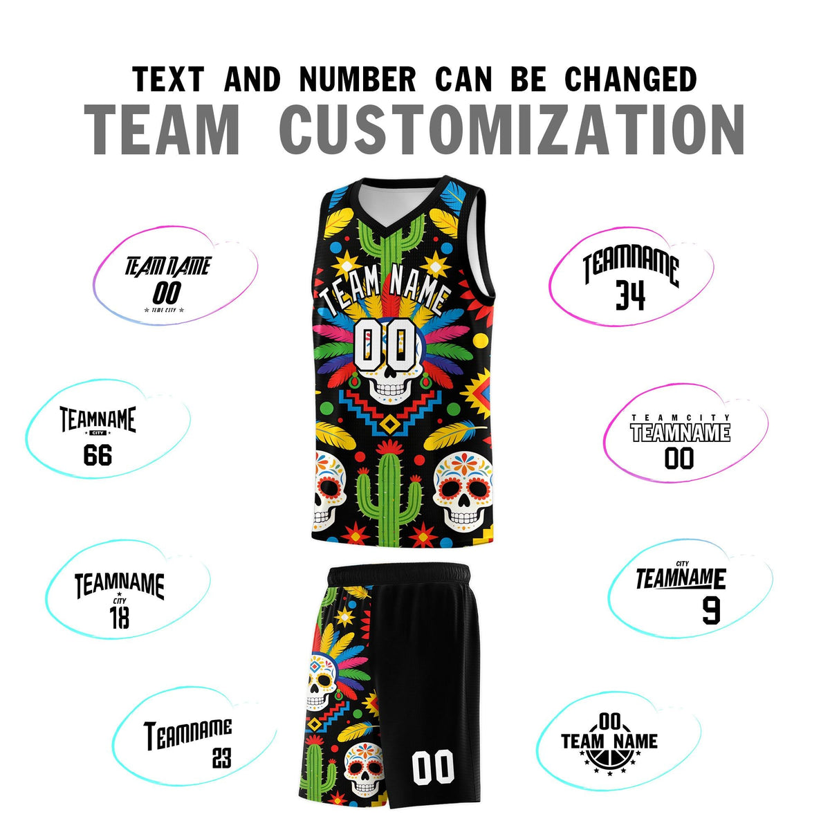 Custom Black Skeleton Mexican Colors Graffiti Patterns Sublimation Printing Uniform Basketball Jersey