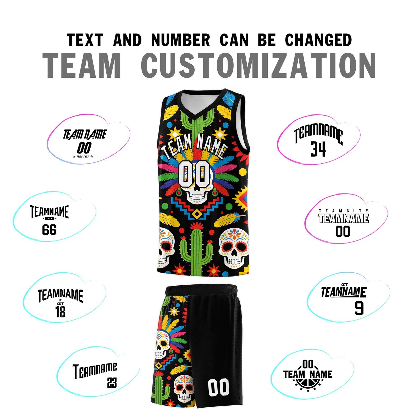 Custom Black Skeleton Mexican Colors Graffiti Patterns Quick-Drying Uniform Basketball Jersey
