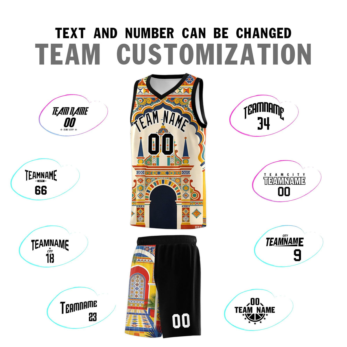 Custom Palace pattern Black Mexican Colors Graffiti Patterns Breathable Uniform Basketball Jersey