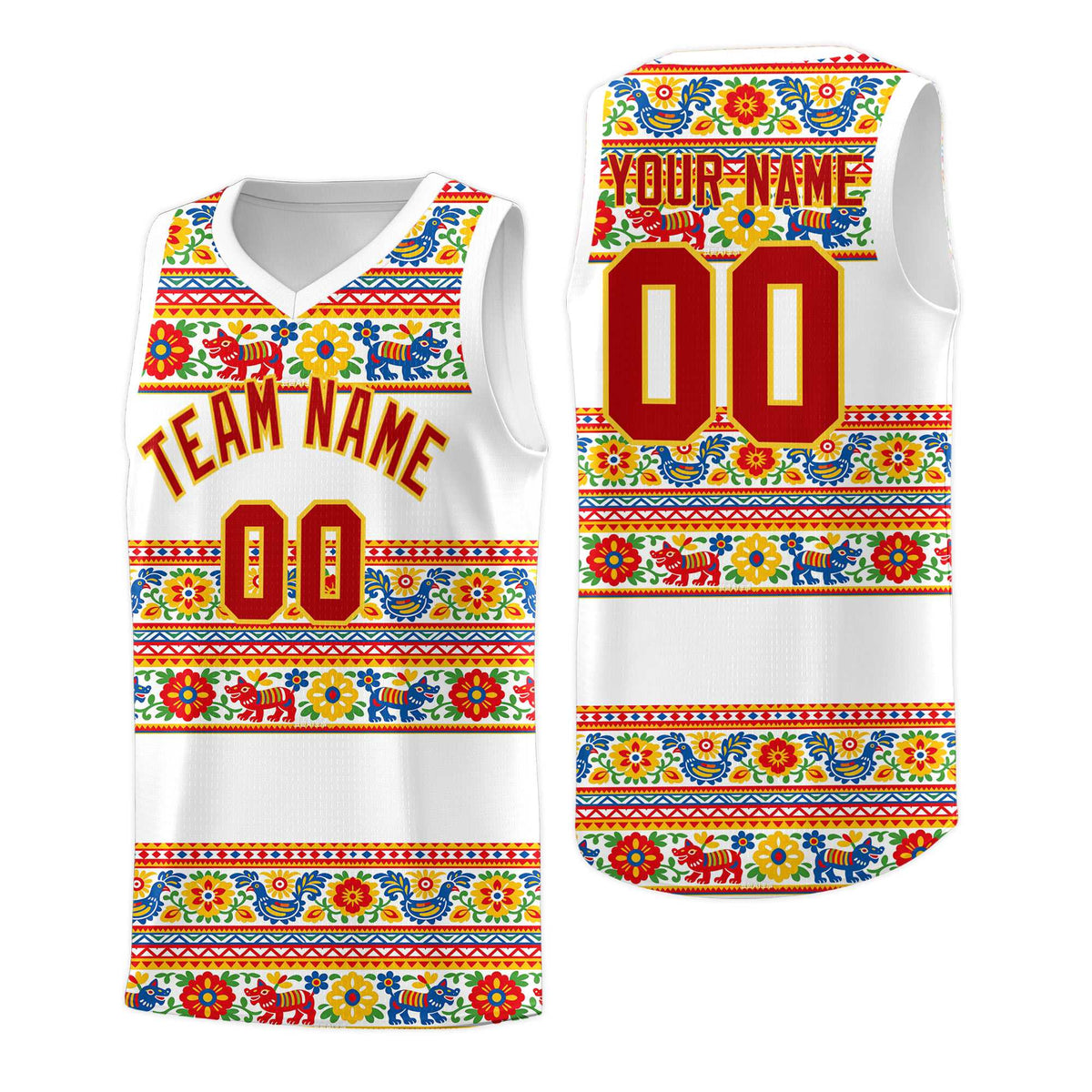 Custom White Colorfulflower pattern Mexican Colors Graffiti Patterns Quick-Drying Uniform Basketball Jersey