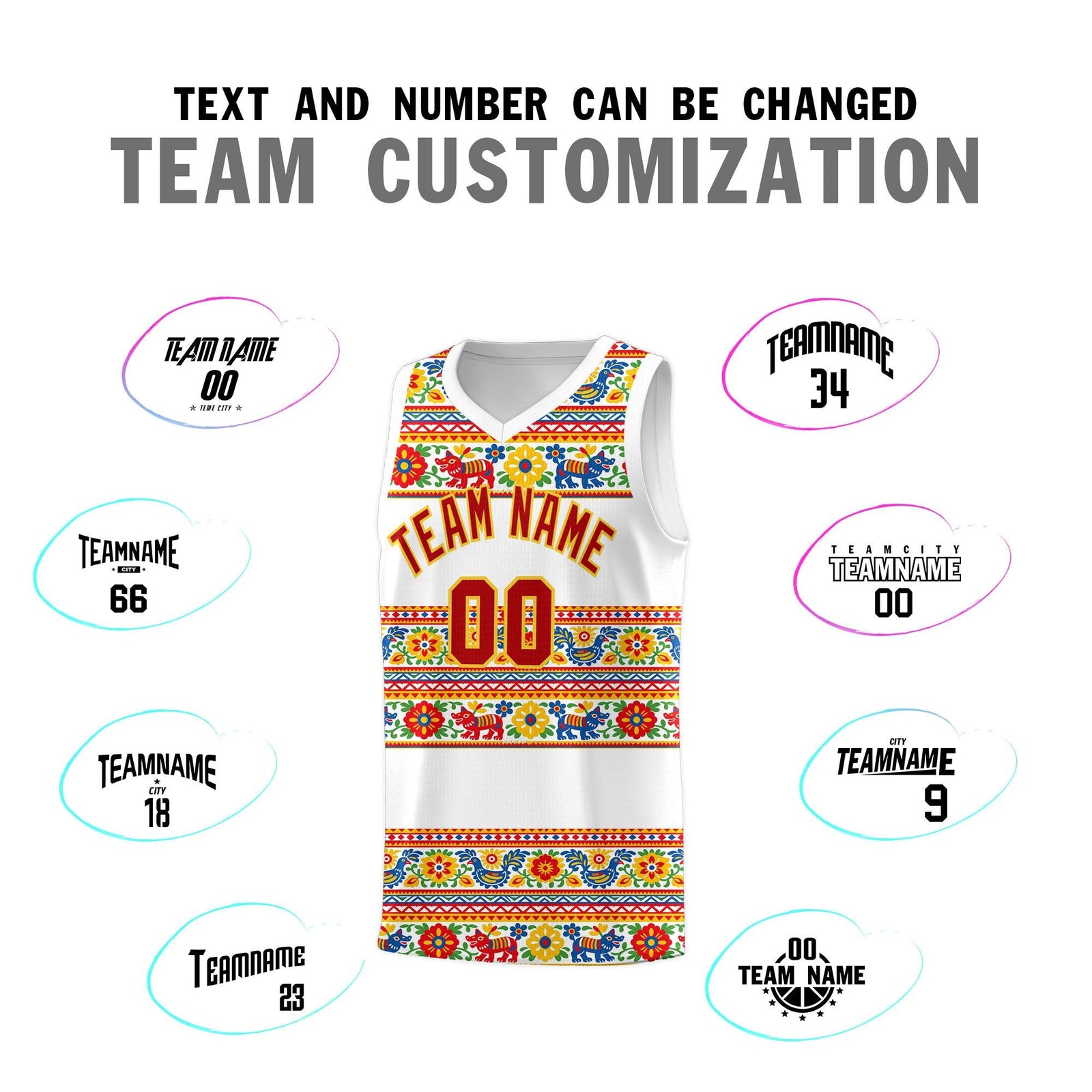 Custom White Colorfulflower pattern Mexican Colors Graffiti Patterns Quick-Drying Uniform Basketball Jersey