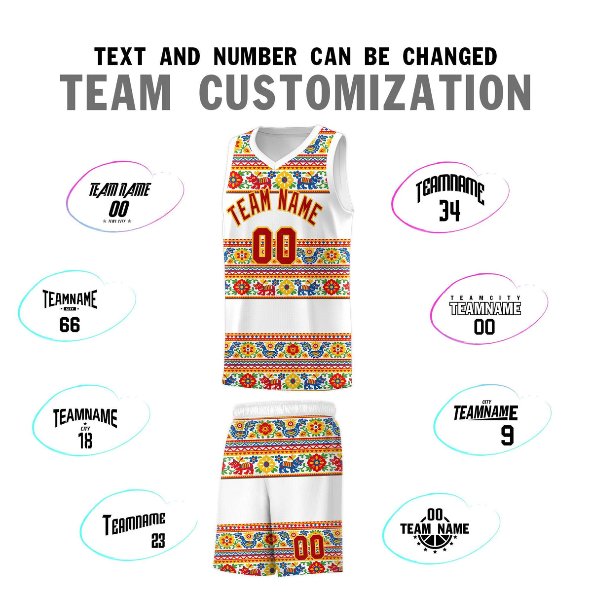 Custom White Colorfulflower pattern Mexican Colors Graffiti Patterns Quick-Drying Uniform Basketball Jersey