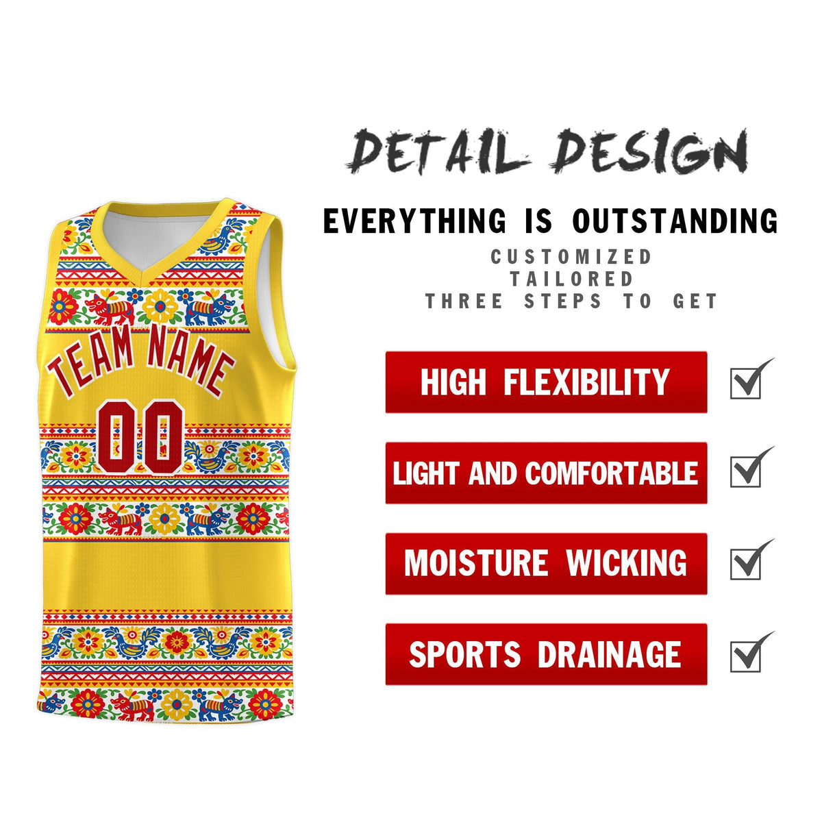 Custom Gold Colorfulflower pattern Mexican Colors Graffiti Patterns Lightweight Uniform Basketball Jersey