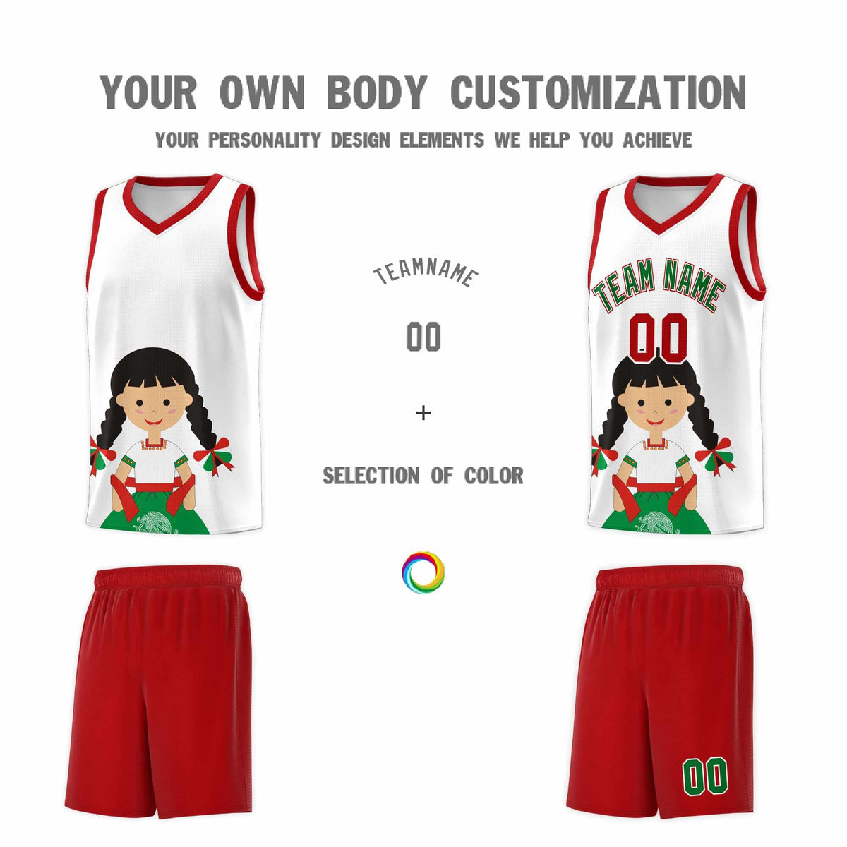 Custom White Red Mexican Colors Graffiti Patterns Sublimation Printing Uniform Basketball Jersey
