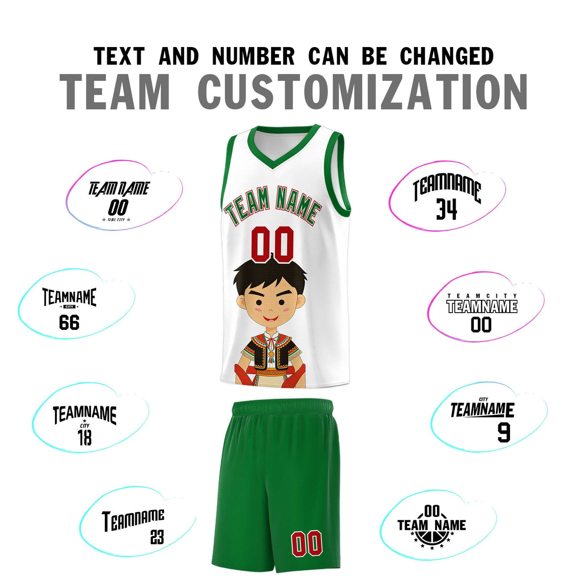 Custom White Kelly Green Mexican Colors Graffiti Patterns Breathable Uniform Basketball Jersey