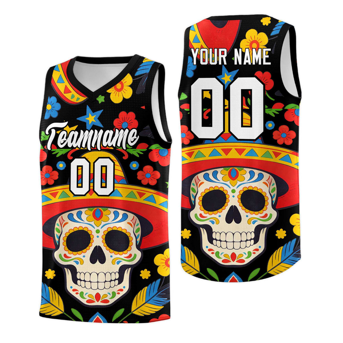 Custom Black Skeleton Mexican Colors Graffiti Patterns Breathable Uniform Basketball Jersey