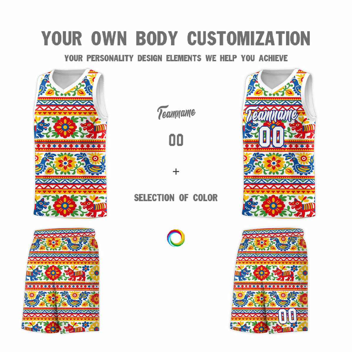 Custom White Colorfulflower pattern Mexican Colors Graffiti Patterns Quick-Drying Uniform Basketball Jersey