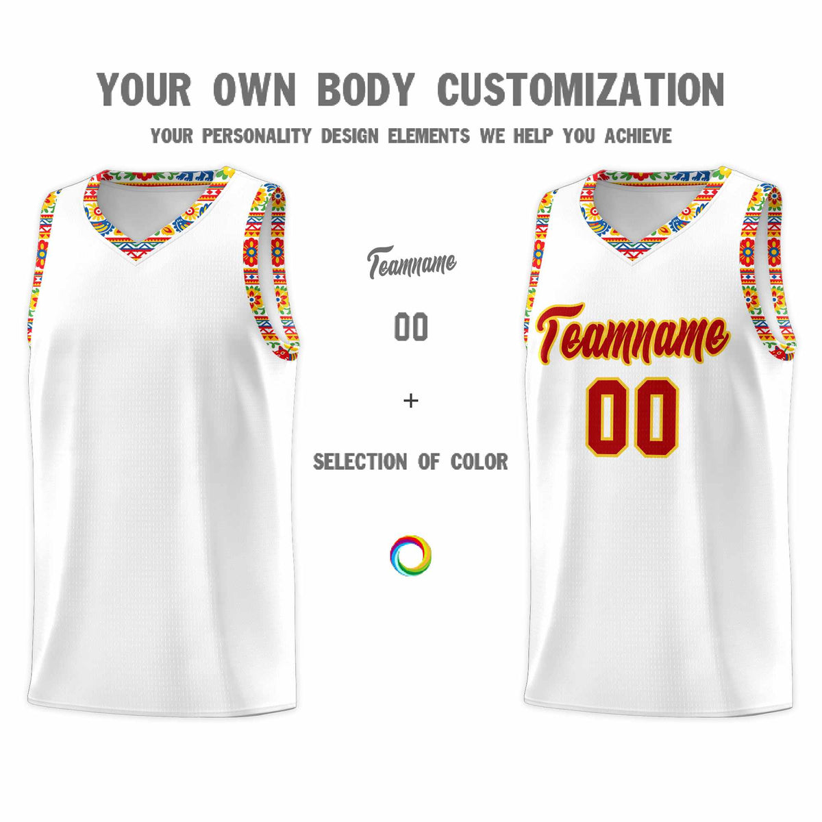 Custom White Colorfulflower pattern Mexican Colors Graffiti Patterns Wrinkle-Resistant Uniform Basketball Jersey