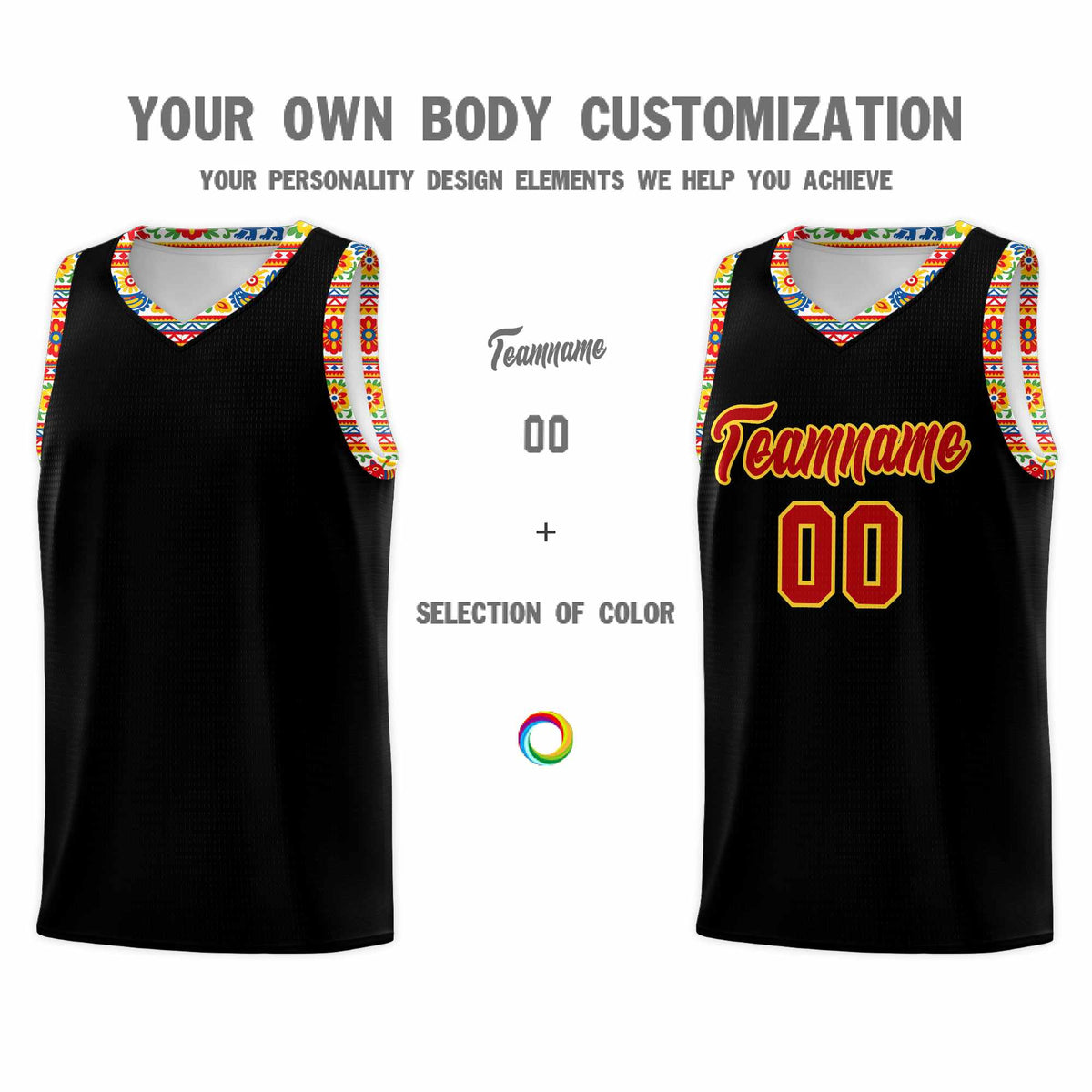 Custom Black Colorfulflower pattern Mexican Colors Graffiti Patterns Sublimation Printing Uniform Basketball Jersey