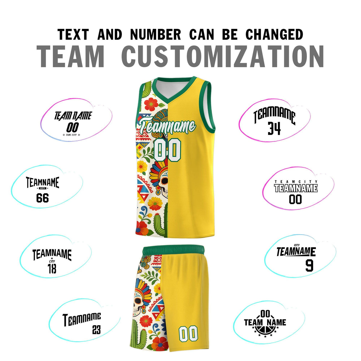 Custom Gold Skeleton Mexican Colors Graffiti Patterns Lightweight Uniform Basketball Jersey