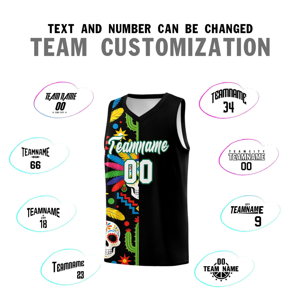Custom Black Skeleton Mexican Colors Graffiti Patterns Breathable Uniform Basketball Jersey
