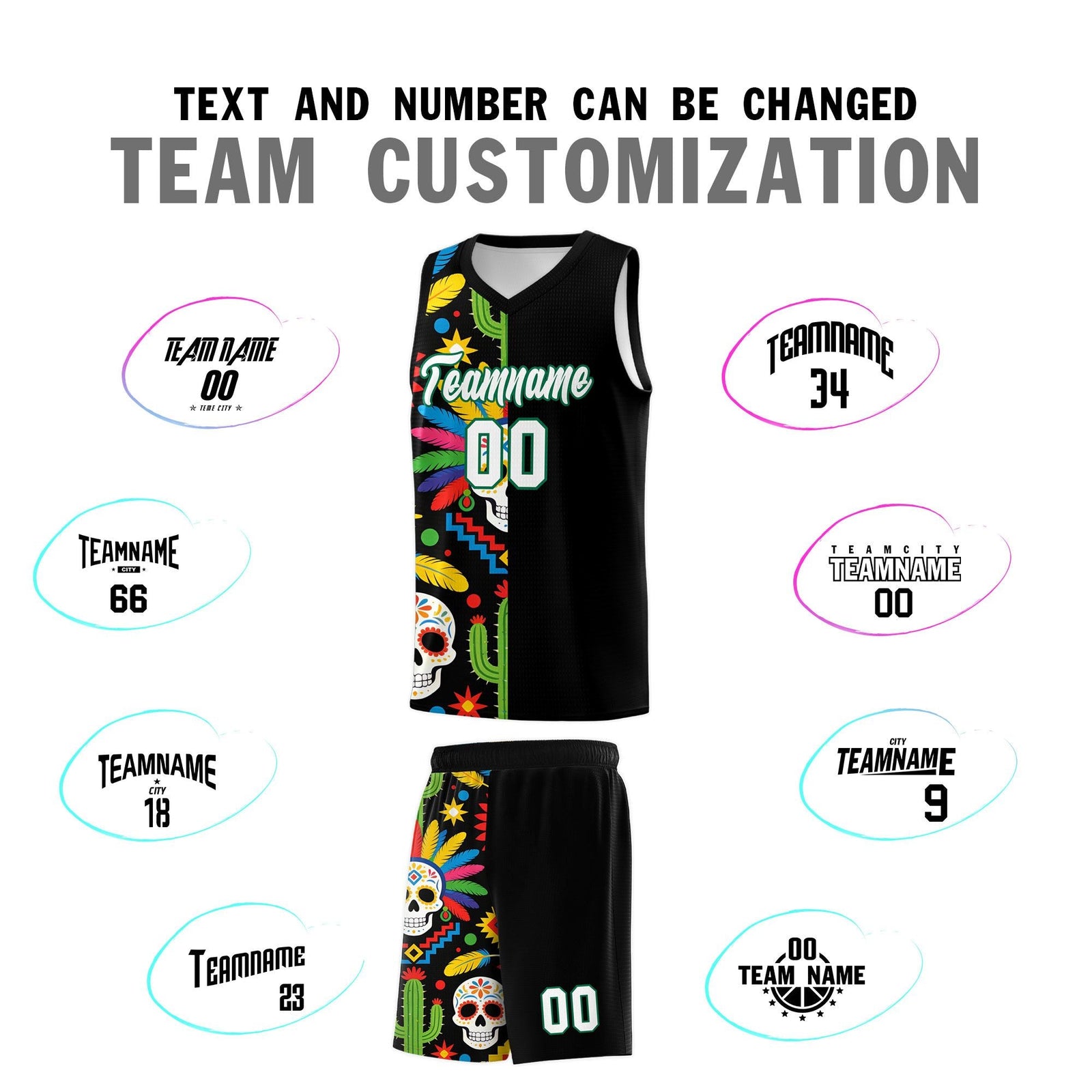Custom Black Skeleton Mexican Colors Graffiti Patterns Breathable Uniform Basketball Jersey