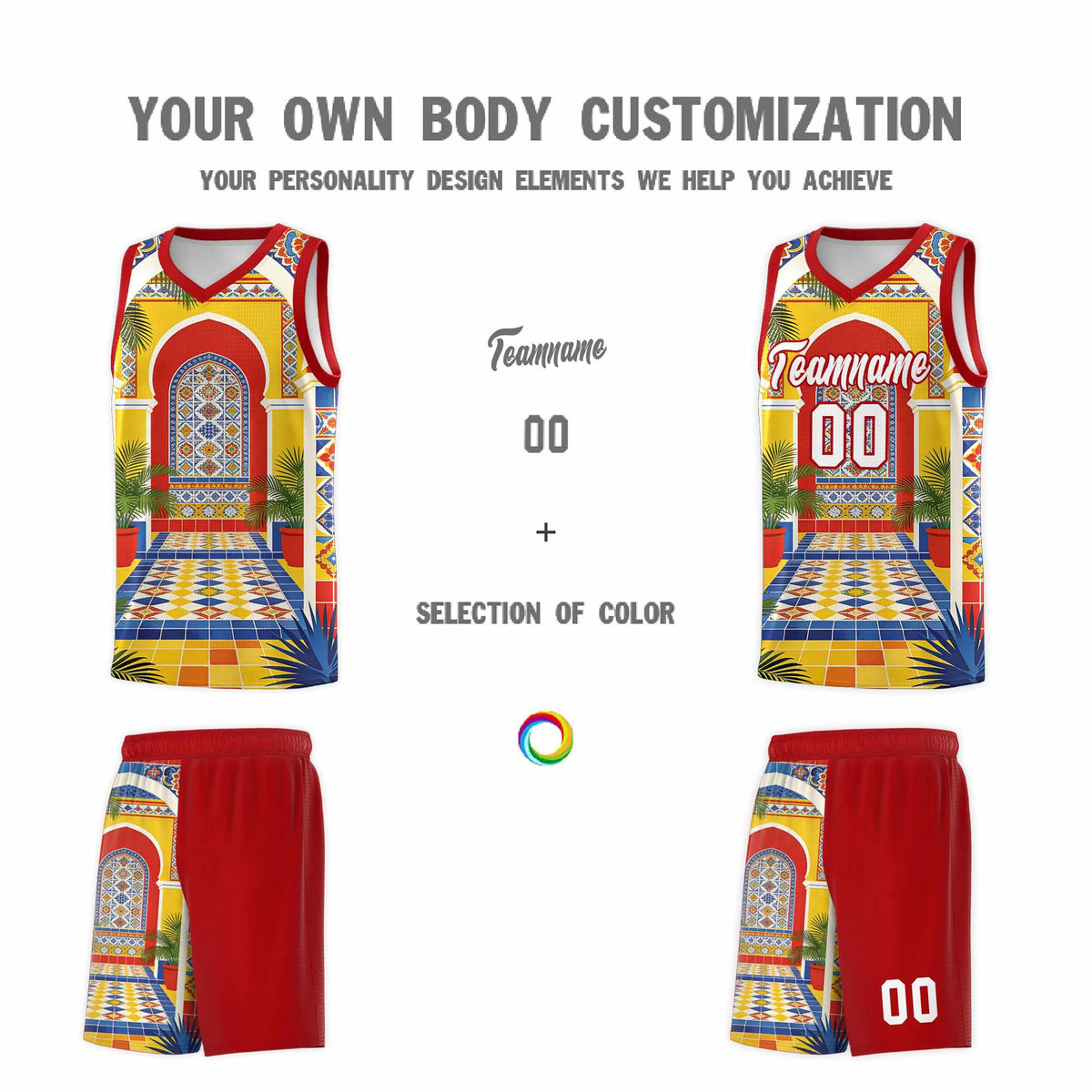 Custom Palace pattern Red Mexican Colors Graffiti Patterns Sublimation Printing Uniform Basketball Jersey