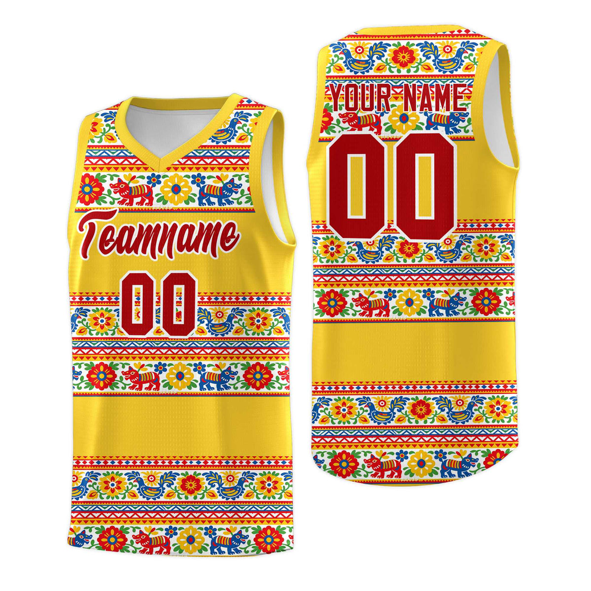 Custom Gold Colorfulflower pattern Mexican Colors Graffiti Patterns Lightweight Uniform Basketball Jersey