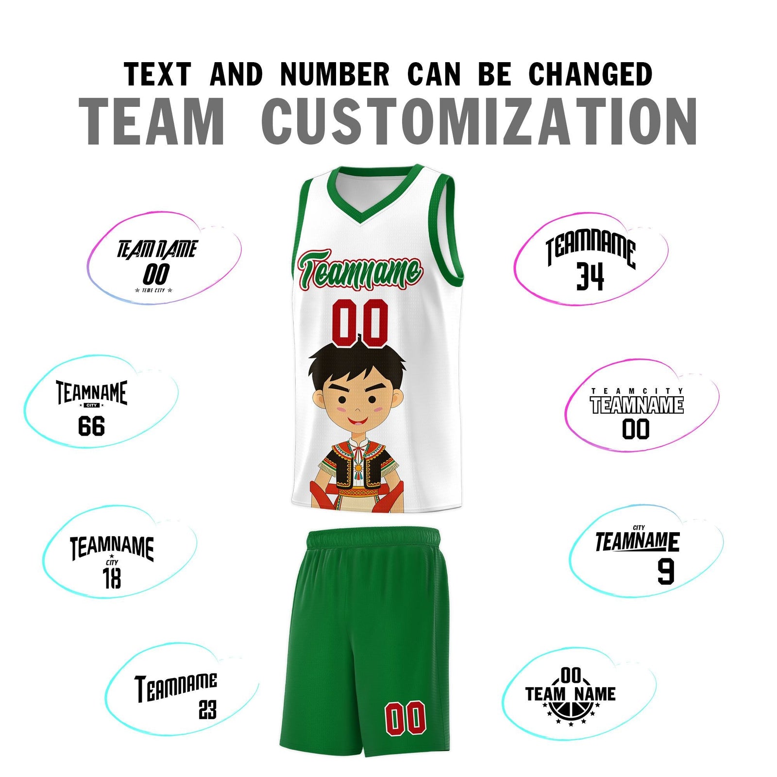 Custom White Kelly Green Mexican Colors Graffiti Patterns Breathable Uniform Basketball Jersey