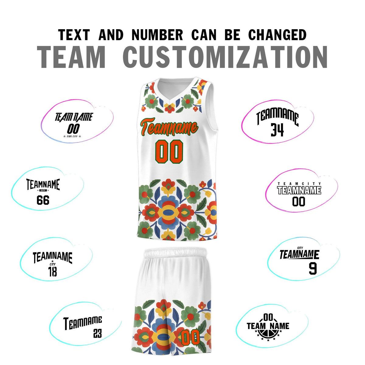 Custom White Orange Mexican Colors Graffiti Patterns Lightweight Uniform Basketball Jersey