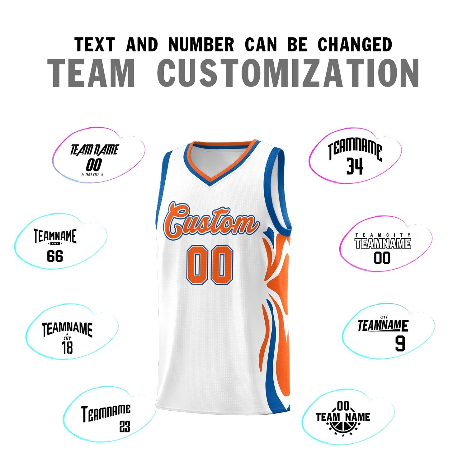 Custom White Orange-Royal Graffiti Pattern Side Curve Pattern Sports Uniform Basketball Jersey Sets