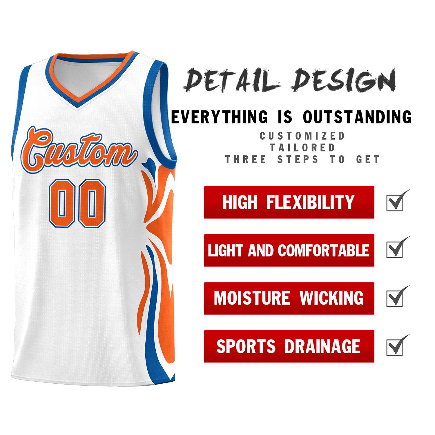 Custom White Orange-Royal Graffiti Pattern Side Curve Pattern Sports Uniform Basketball Jersey Sets