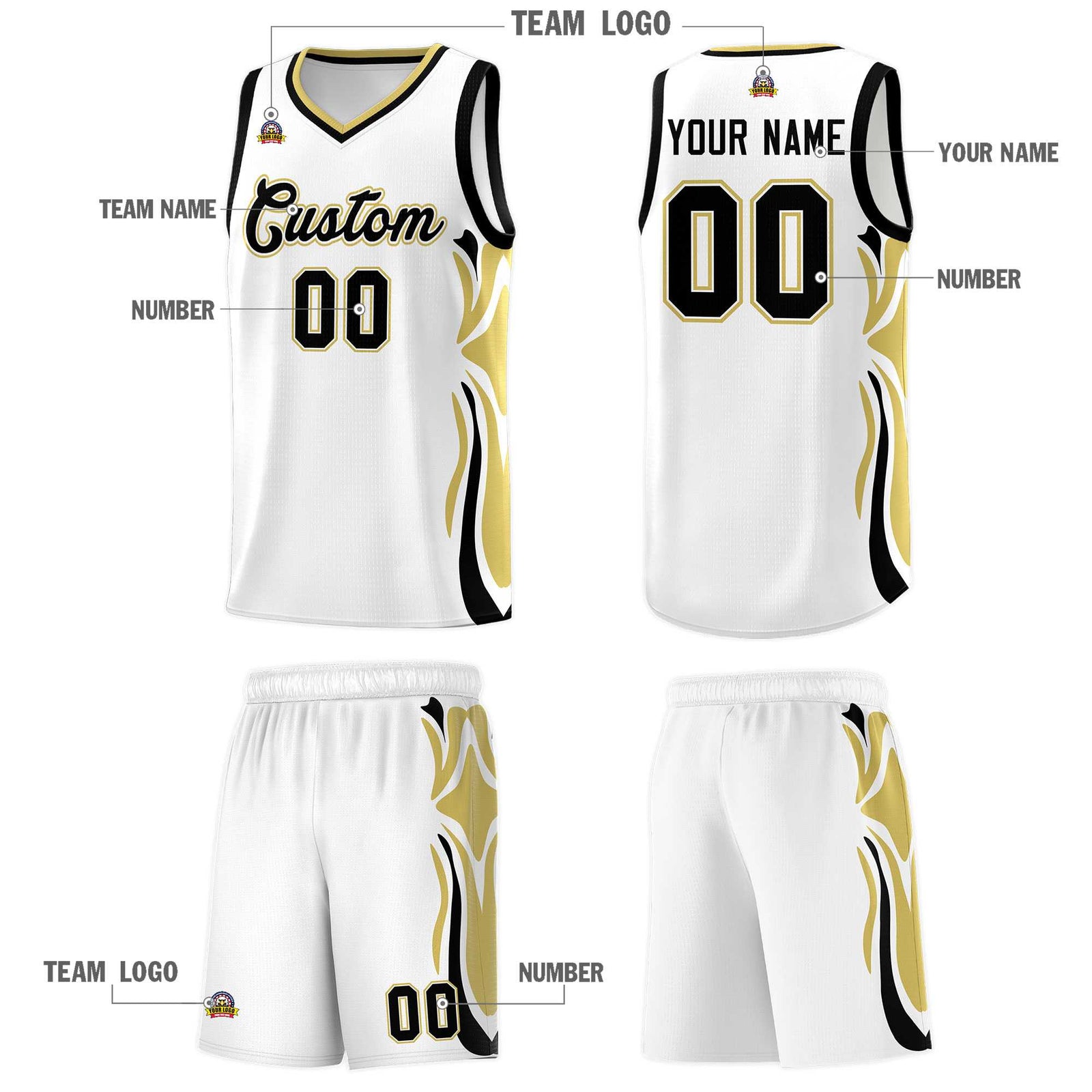 Custom White Black-Old Gold Graffiti Pattern Side Curve Pattern Sports Uniform Basketball Jersey Sets