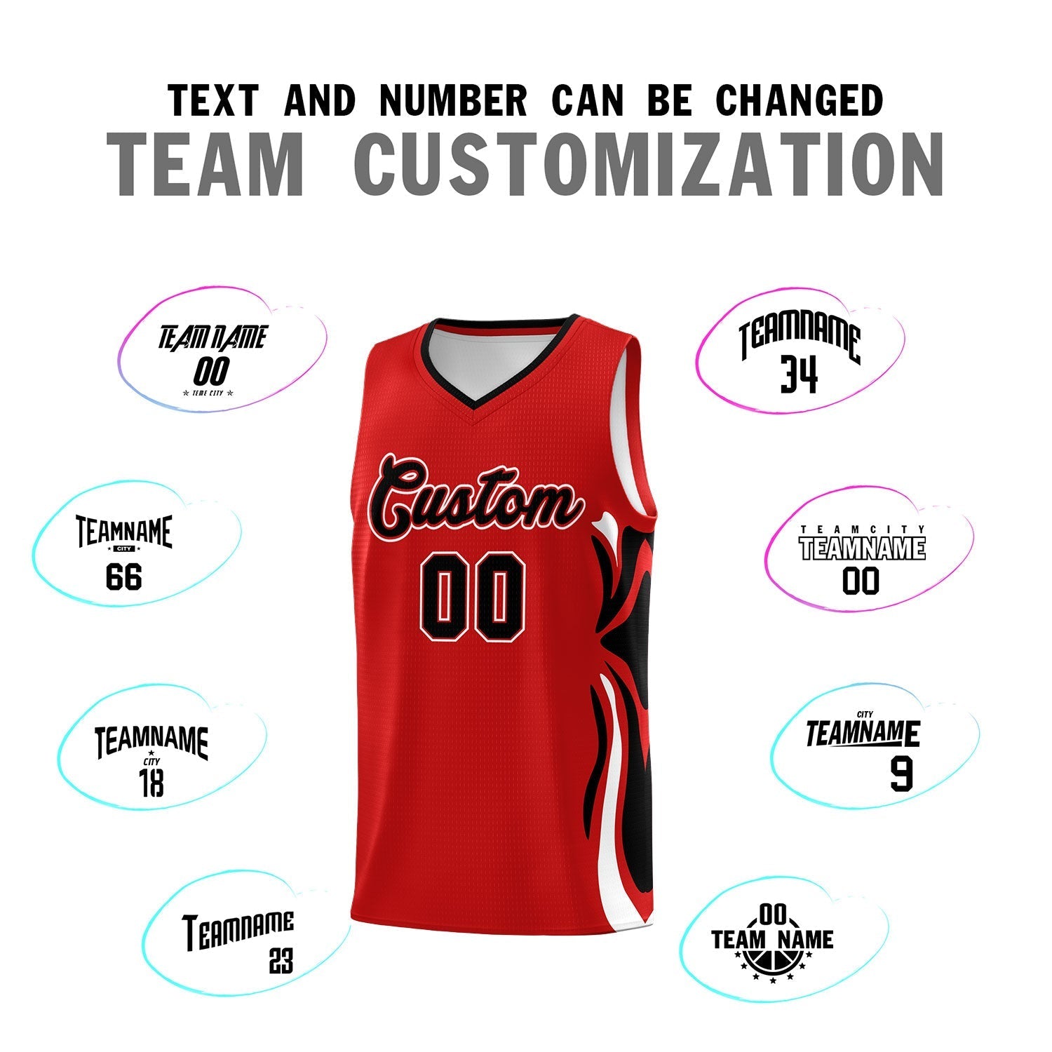 Custom Red Black-White Graffiti Pattern Side Curve Pattern Sports Uniform Basketball Jersey Sets