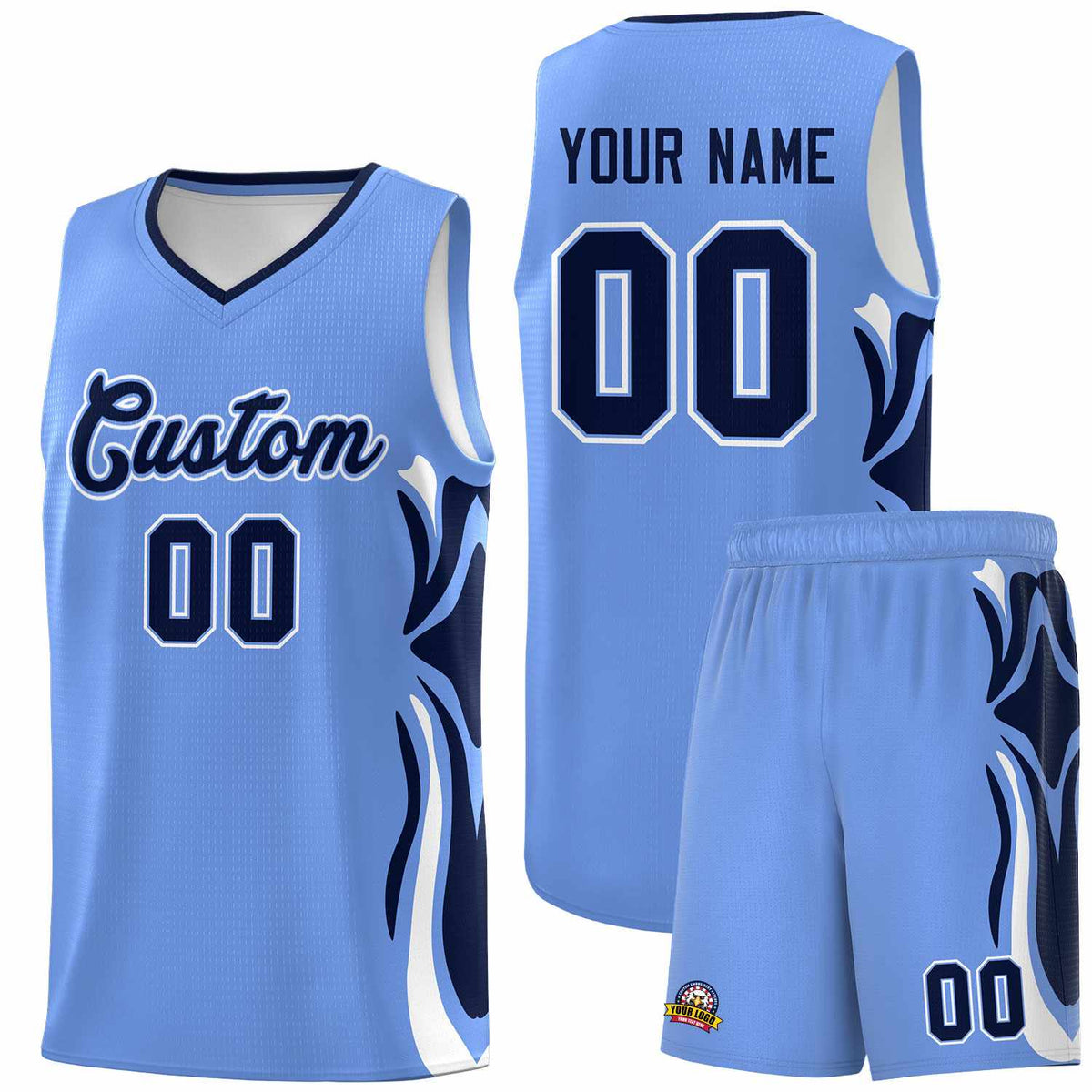 Custom Light Blue Navy-White Graffiti Pattern Side Curve Pattern Sports Uniform Basketball Jersey Sets