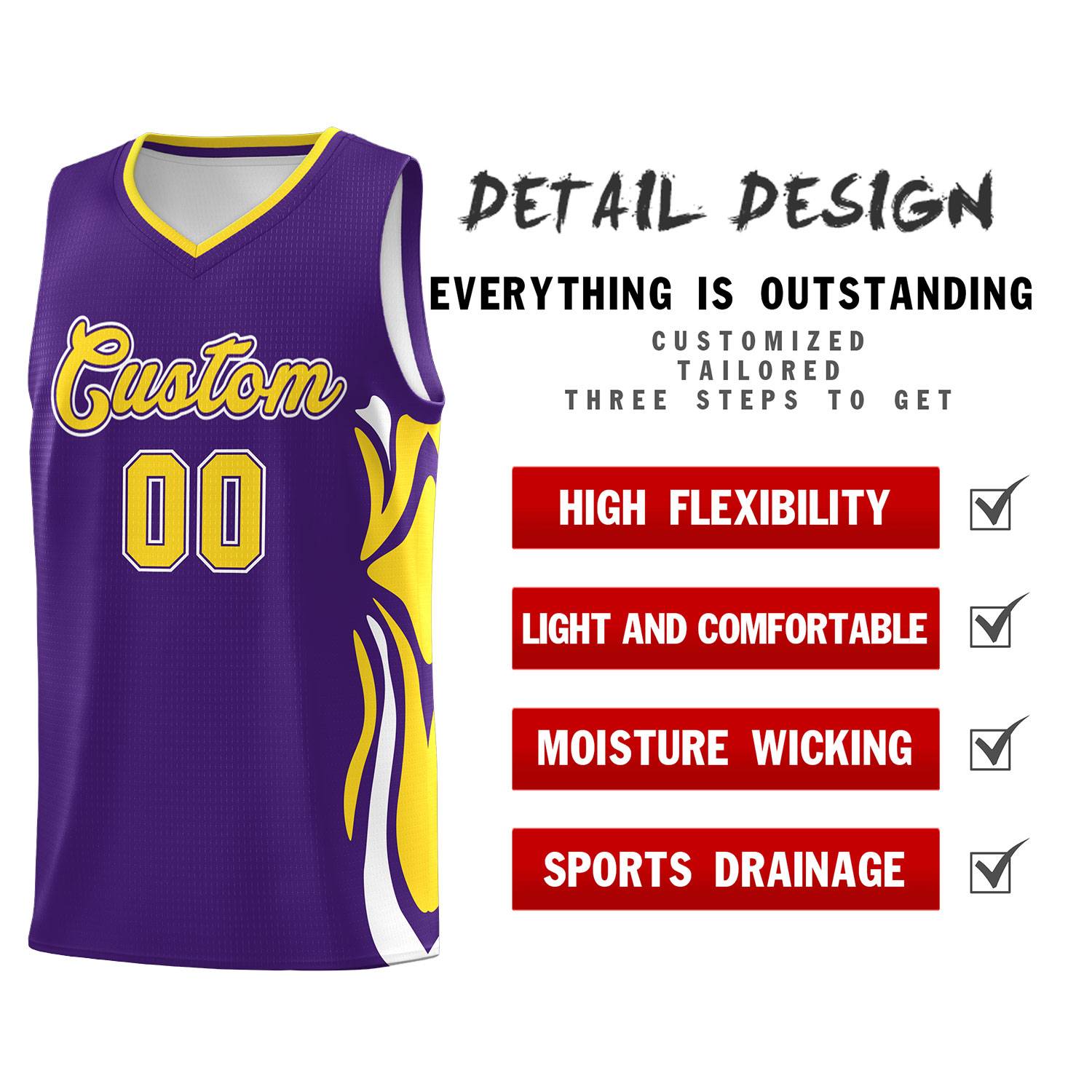 Custom Purple Gold-White Graffiti Pattern Side Curve Pattern Sports Uniform Basketball Jersey Sets