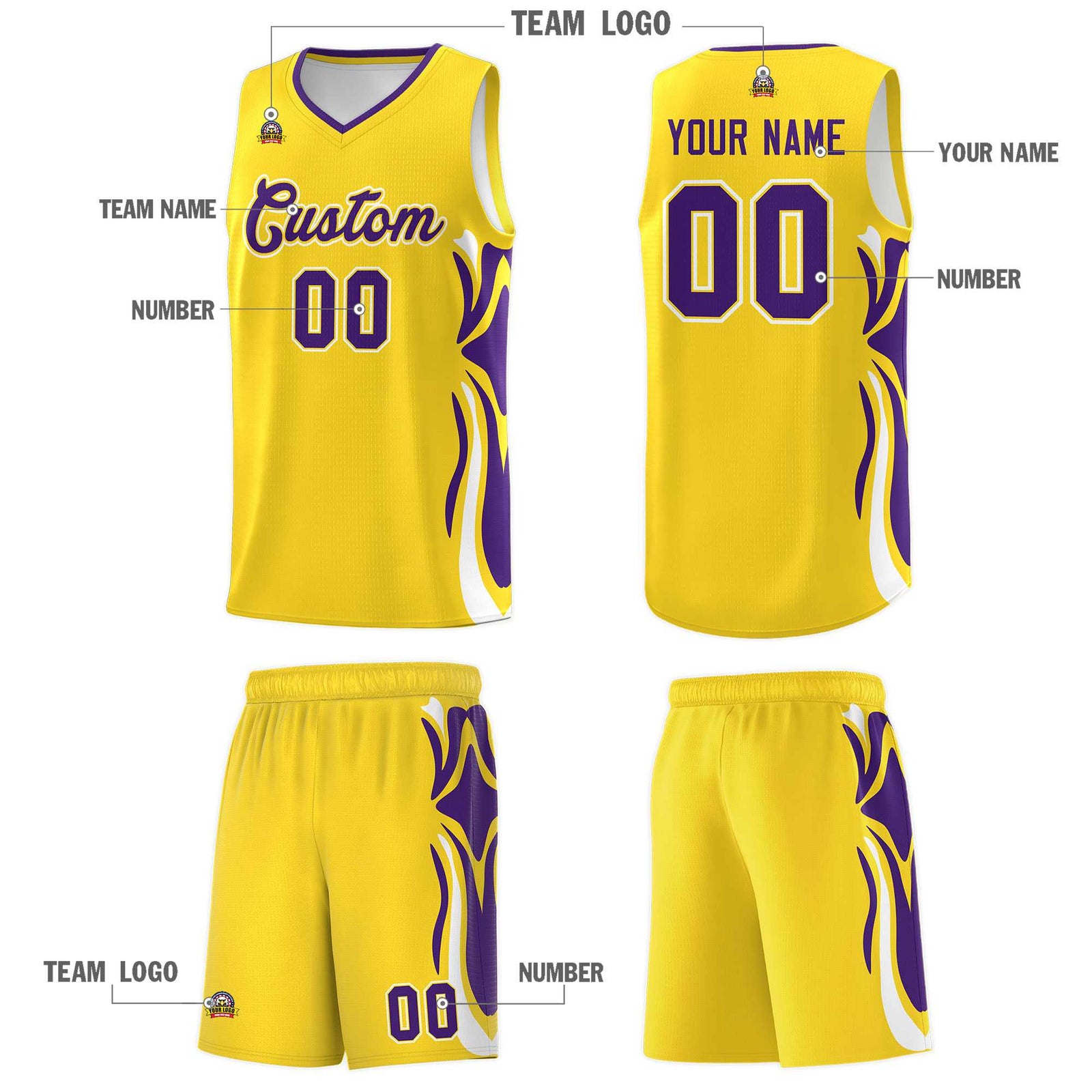 Custom Gold Purple-White Graffiti Pattern Side Curve Pattern Sports Uniform Basketball Jersey Sets