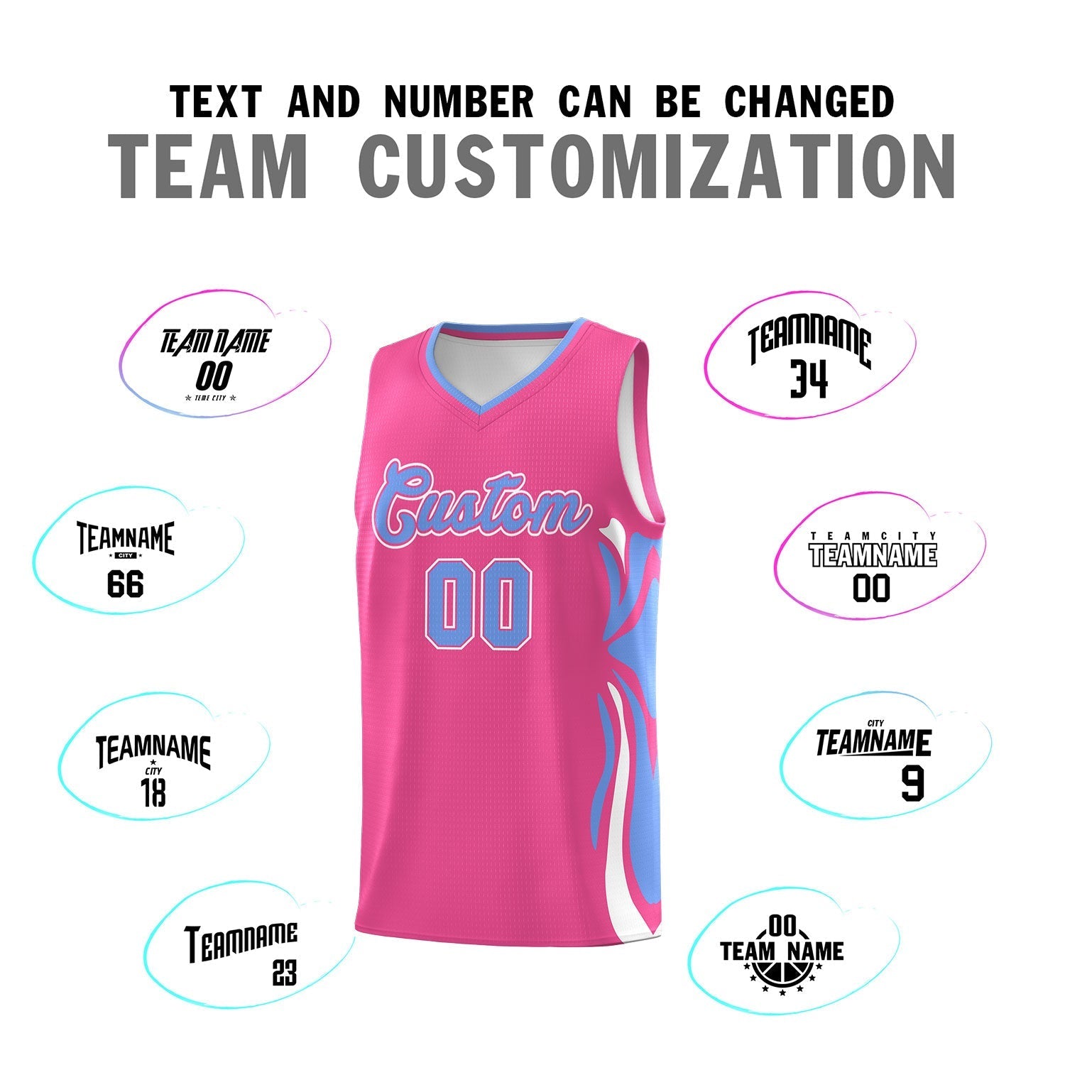 Custom Pink Light Blue-White Graffiti Pattern Side Curve Pattern Sports Uniform Basketball Jersey Sets