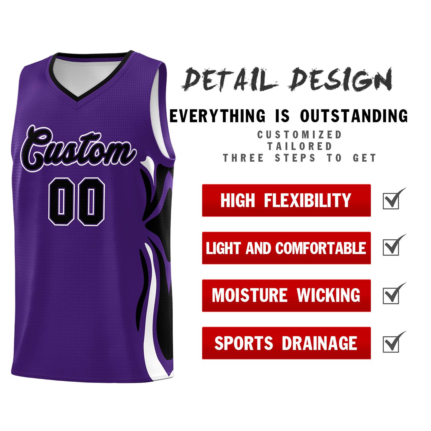 Custom Purple Black-White Graffiti Pattern Side Curve Pattern Sports Uniform Basketball Jersey Sets