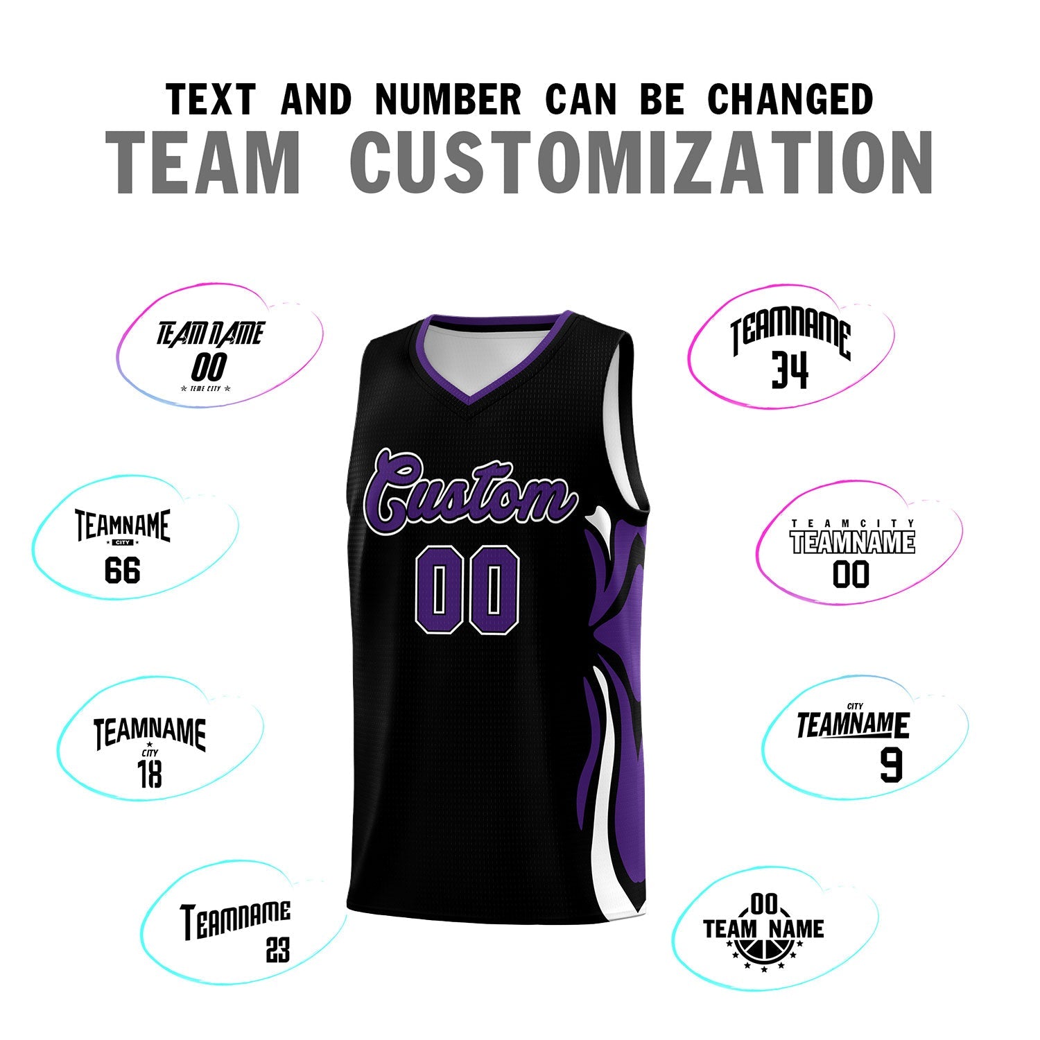 Custom Black Purple-White Graffiti Pattern Side Curve Pattern Sports Uniform Basketball Jersey Sets