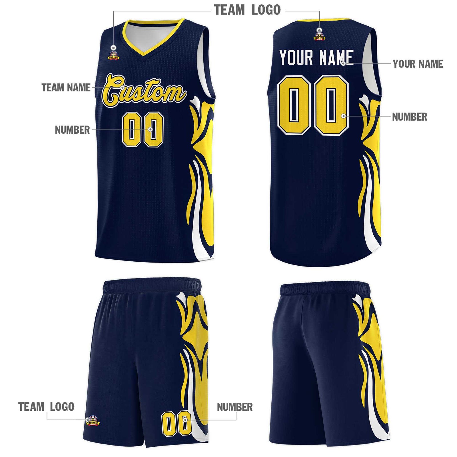 Custom Navy Gold-White Graffiti Pattern Side Curve Pattern Sports Uniform Basketball Jersey Sets