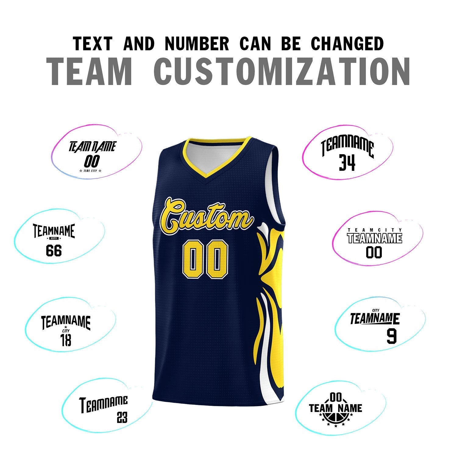 Custom Navy Gold-White Graffiti Pattern Side Curve Pattern Sports Uniform Basketball Jersey Sets