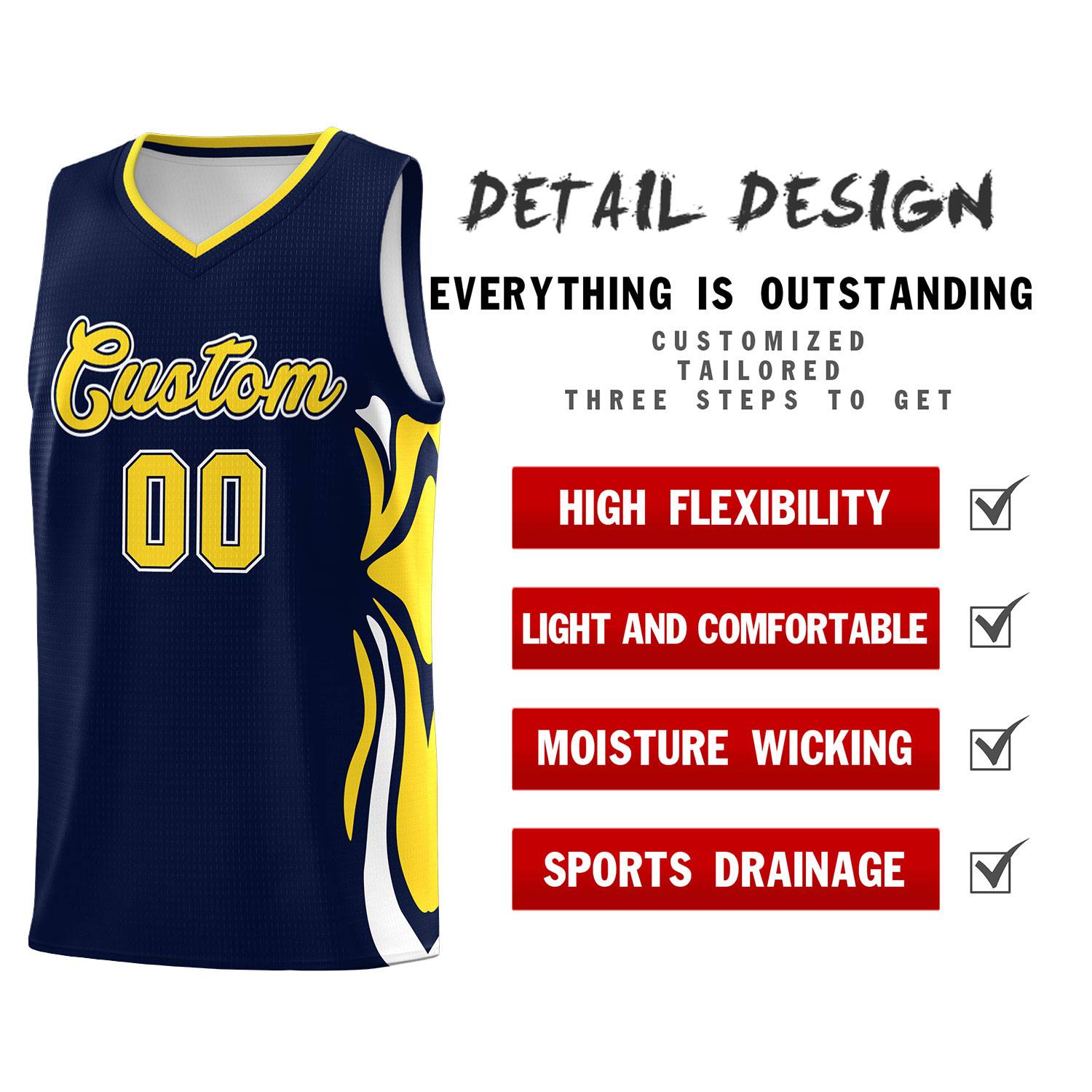 Custom Navy Gold-White Graffiti Pattern Side Curve Pattern Sports Uniform Basketball Jersey Sets