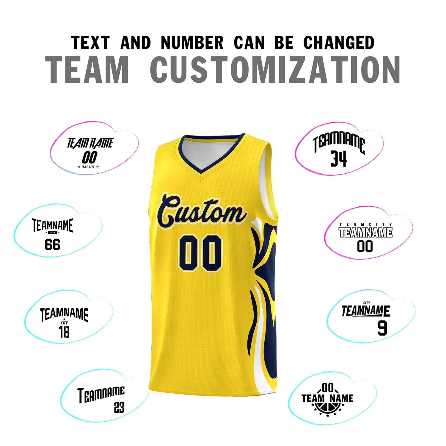 Custom Gold Navy-White Graffiti Pattern Side Curve Pattern Sports Uniform Basketball Jersey Sets