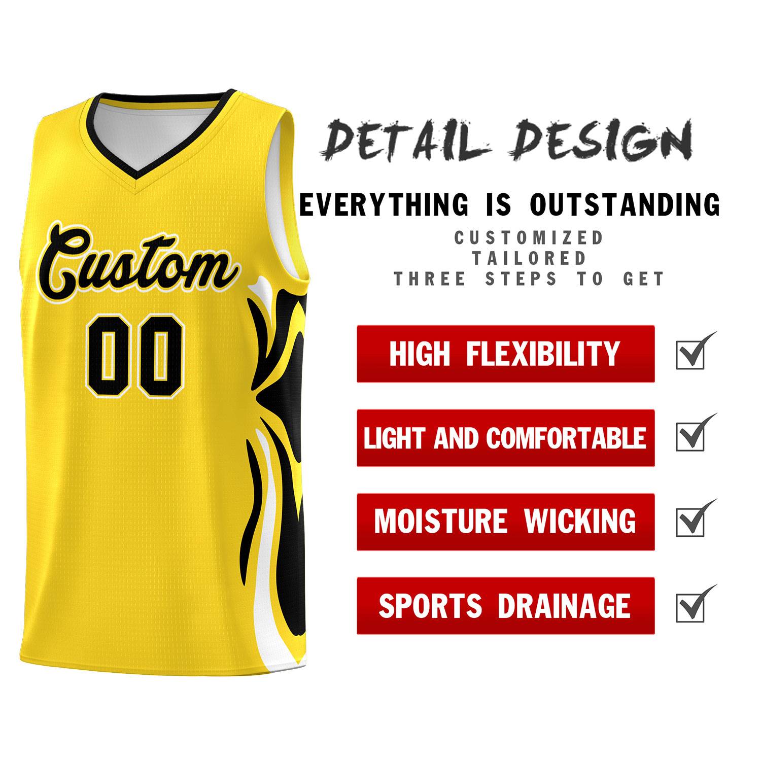 Custom Gold Black-White Graffiti Pattern Side Curve Pattern Sports Uniform Basketball Jersey Sets