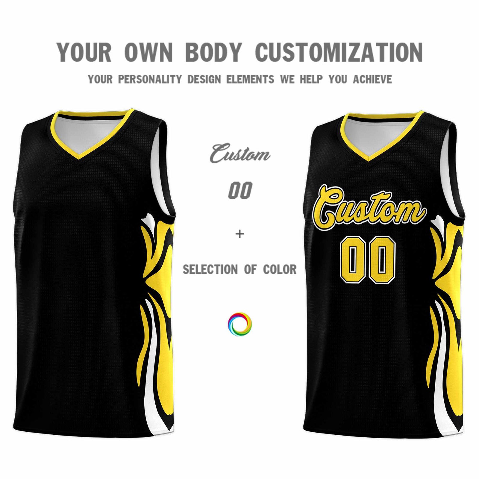 Custom Black Gold-White Graffiti Pattern Side Curve Pattern Sports Uniform Basketball Jersey Sets