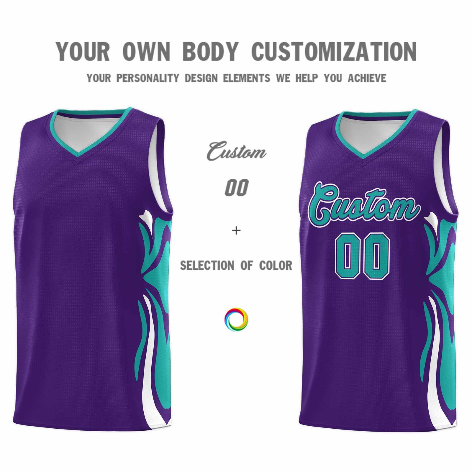Custom Purple Aqua-White Graffiti Pattern Side Curve Pattern Sports Uniform Basketball Jersey Sets