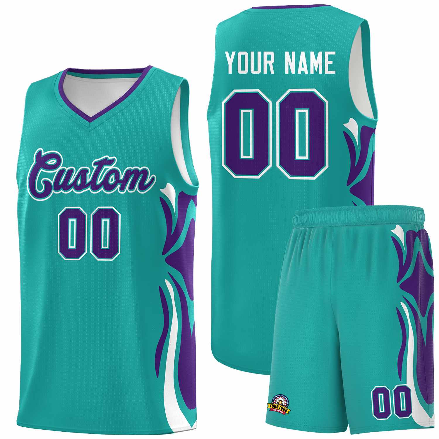 Custom Aqua Purple-White Graffiti Pattern Side Curve Pattern Sports Uniform Basketball Jersey Sets