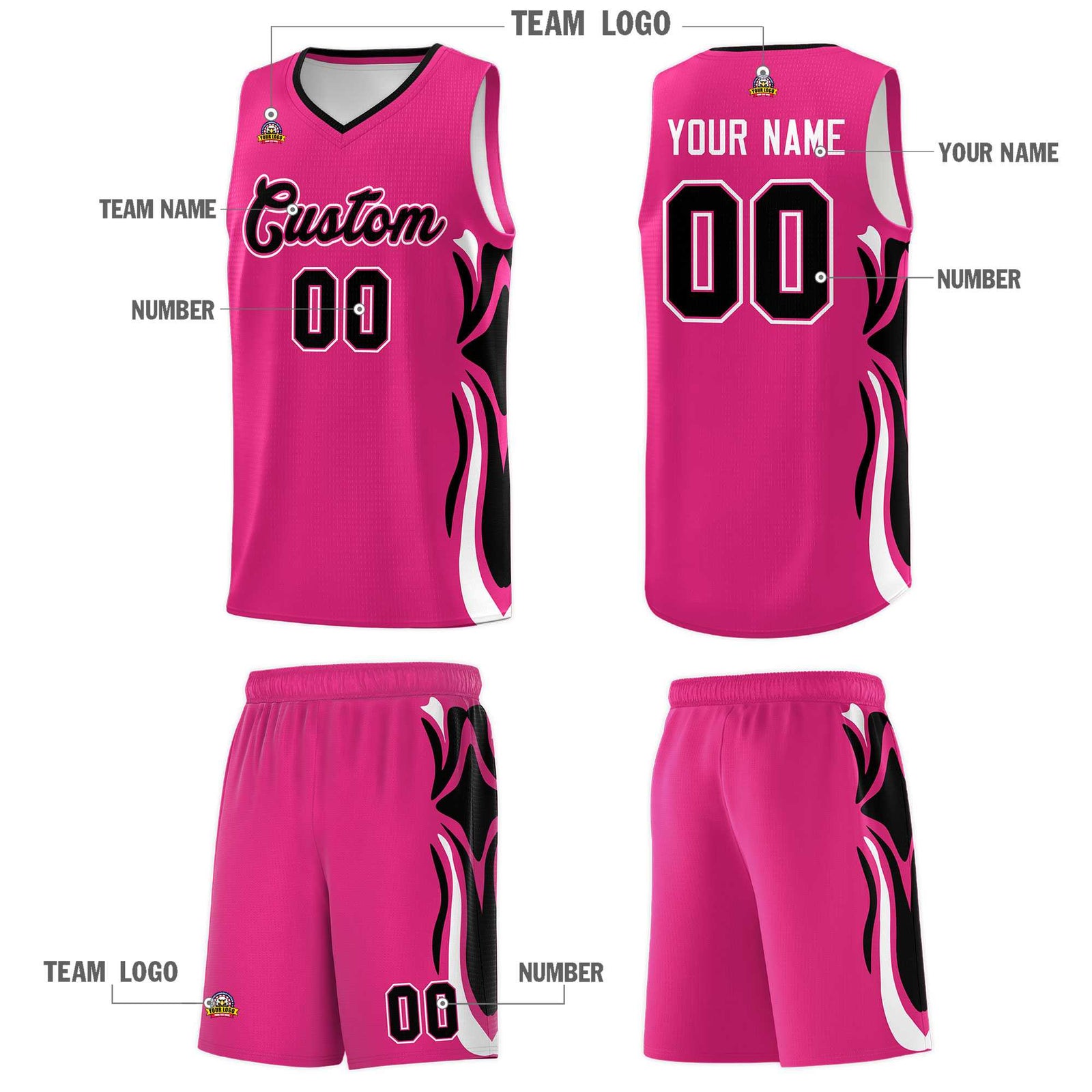 Custom Pink Black-White Graffiti Pattern Side Curve Pattern Sports Uniform Basketball Jersey Sets