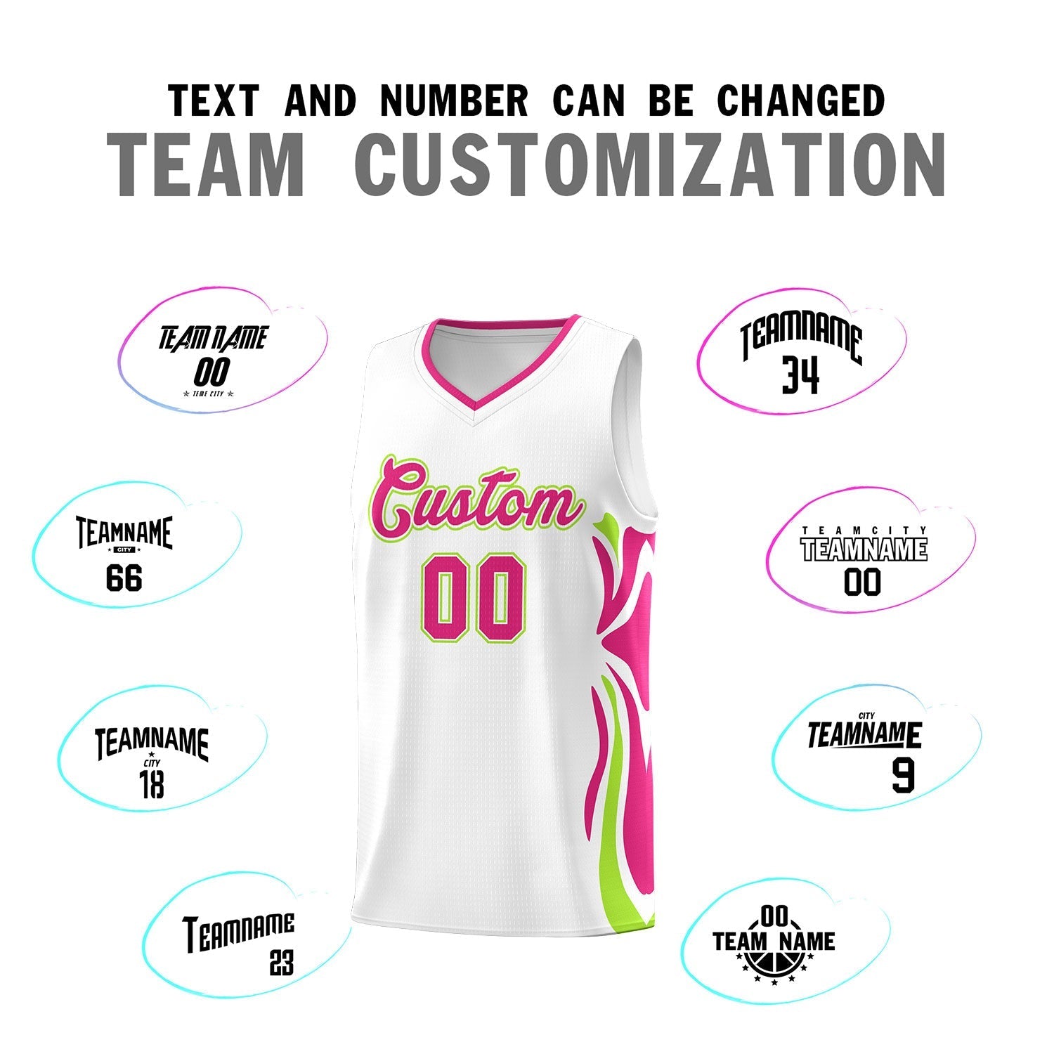 Custom White Pink-Light Green Graffiti Pattern Side Curve Pattern Sports Uniform Basketball Jersey Sets