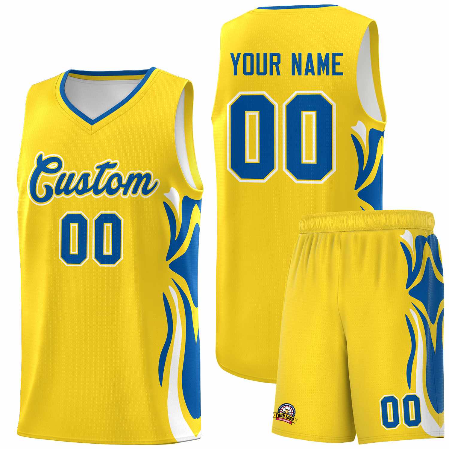 Custom Gold Royal-White Graffiti Pattern Side Curve Pattern Sports Uniform Basketball Jersey Sets