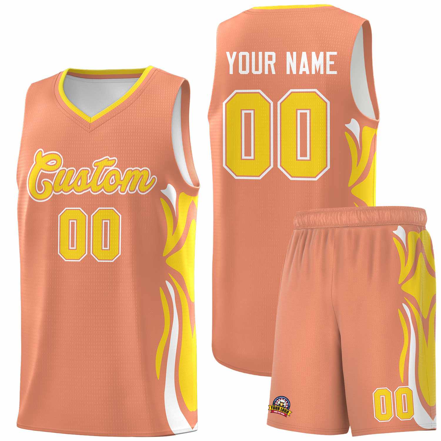 Custom Light Orange Gold-White Graffiti Pattern Side Curve Pattern Sports Uniform Basketball Jersey Sets