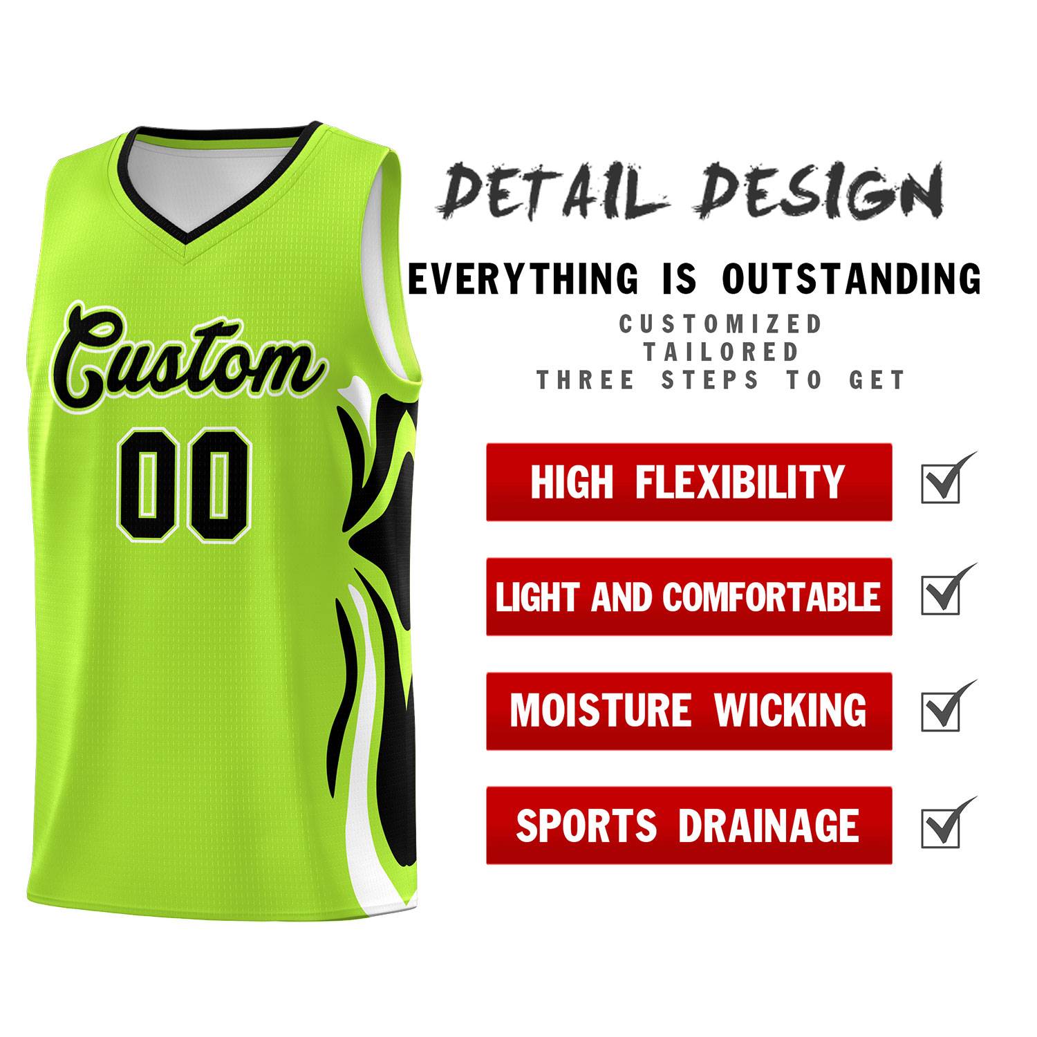 Custom Light Green Black-White Graffiti Pattern Side Curve Pattern Sports Uniform Basketball Jersey Sets