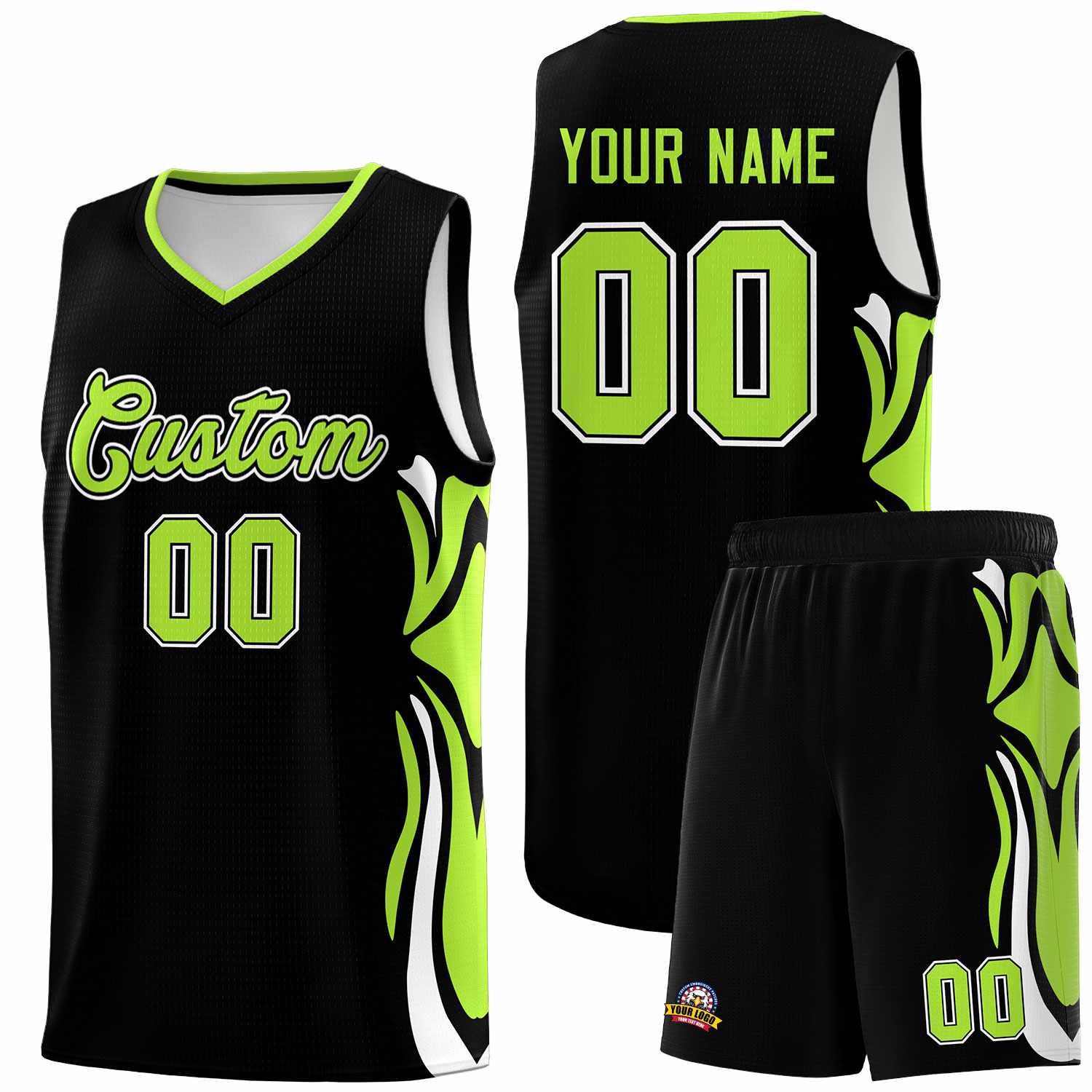 Custom Black Light Green-White Graffiti Pattern Side Curve Pattern Sports Uniform Basketball Jersey Sets
