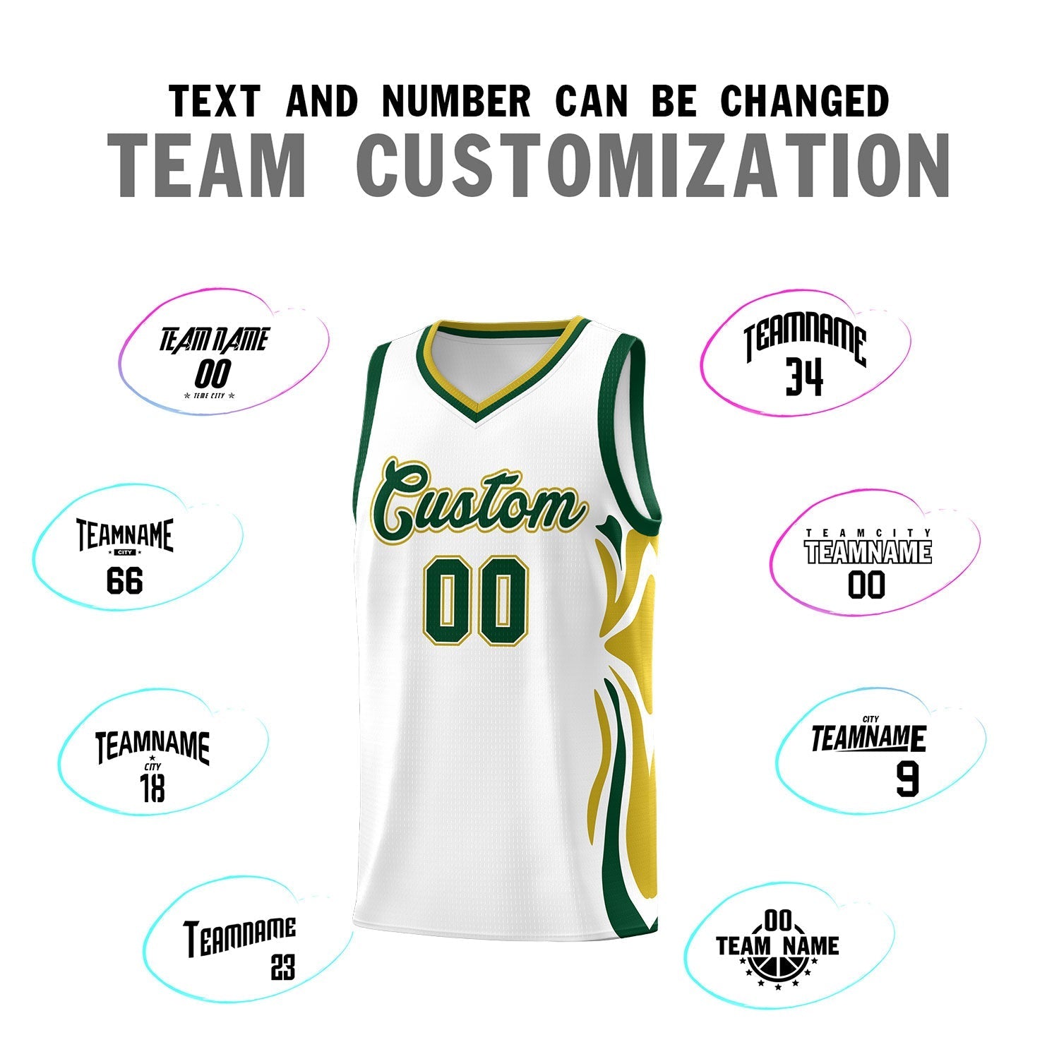 Custom White Green-Old Gold Graffiti Pattern Side Curve Pattern Sports Uniform Basketball Jersey Sets